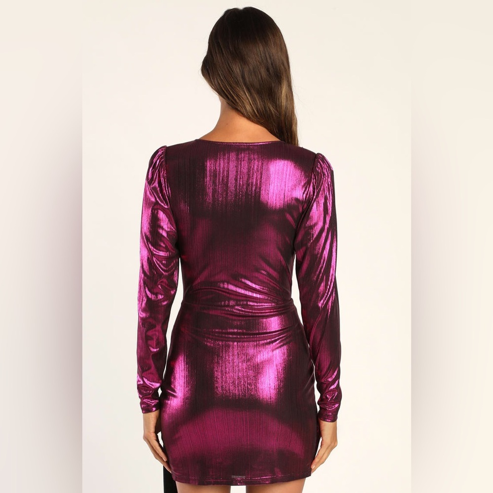 NWOT Lulus Retro Radiance Shiny Magenta Long Sleeve Tulip Mini Dress size Small - Picture 6 of 9
